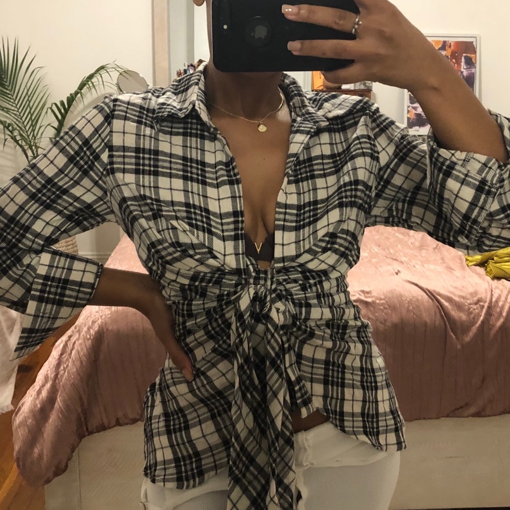 Fashion Nova Ruched Plaid Blouse